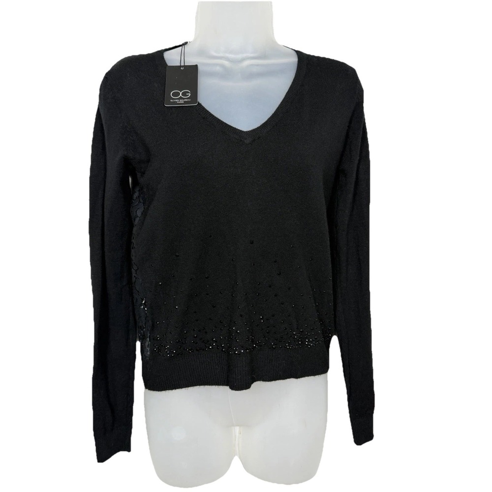 Olivier Goureau Paris Lace‎ Wool V Neck Sweater Womens XS Black Beaded NWT